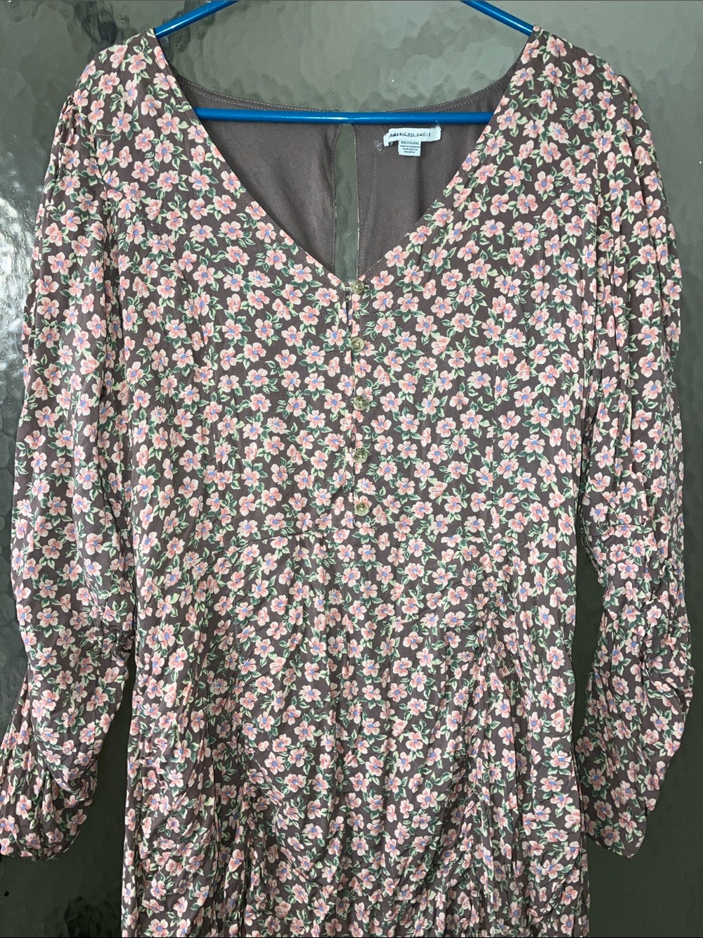 American Eagle Plus Brown Floral Dress with Ruched Sleeves & Hem XXL Cottagecore
